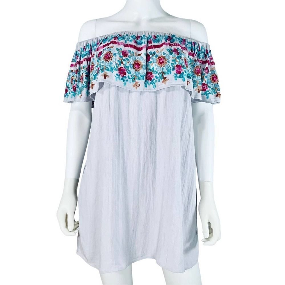 The Impeccable Pig Floral Embroidered Off-the -shoulder Mini Dress